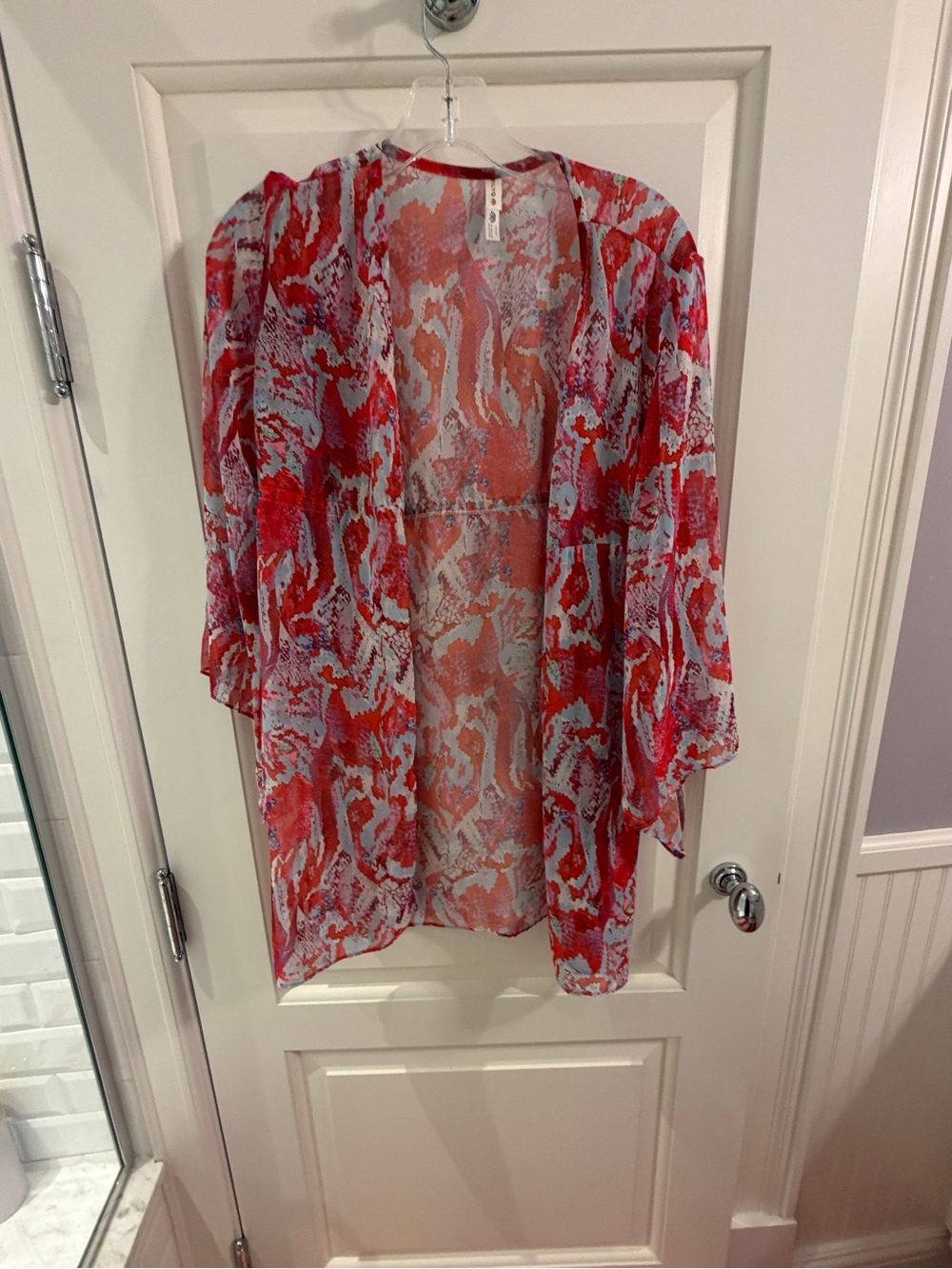 Pilyq Red and Lavender Sheer Animal Print Swim Coverup Kimono